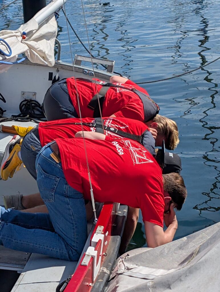 Drei Menschen in roten Shirts beugen sich über den Rand eines Bootes über das Wasser.